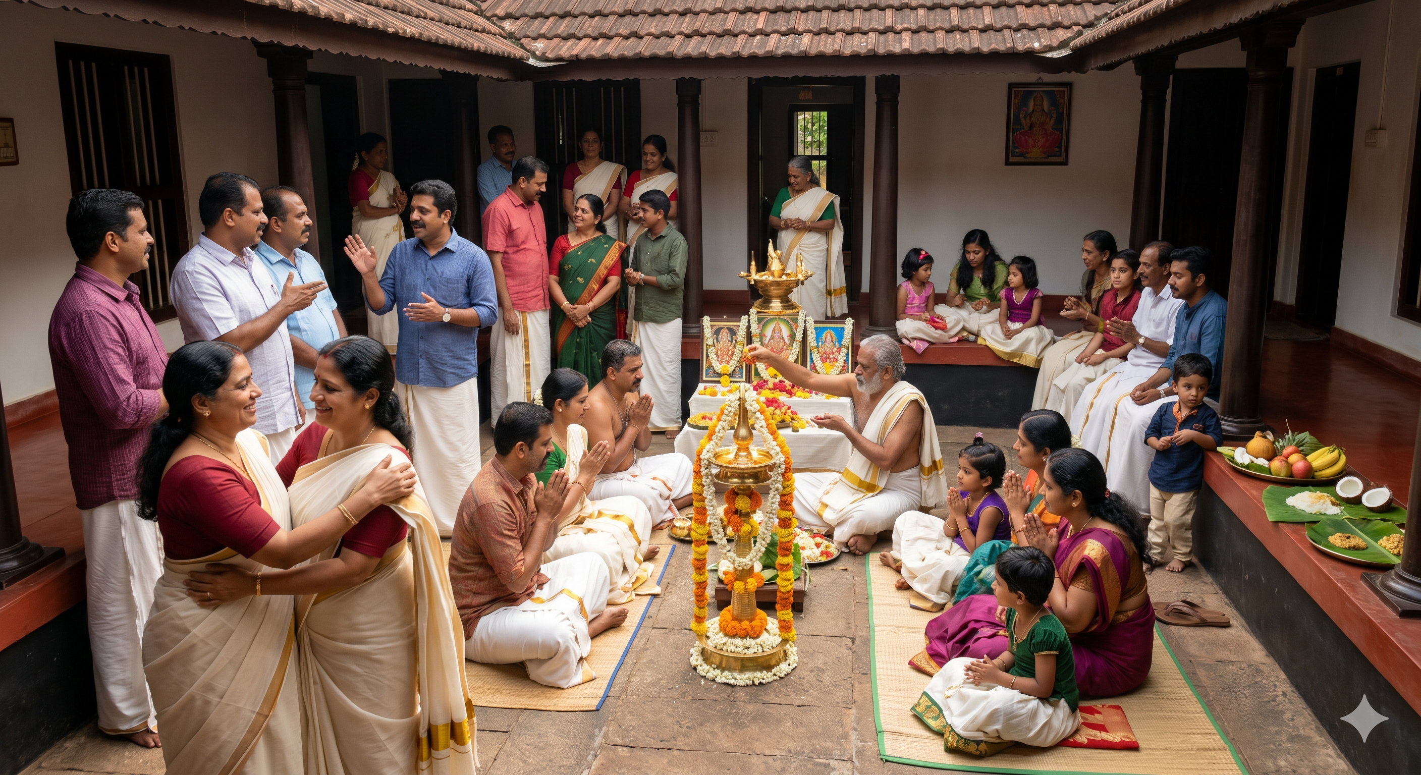 Family unit gathering with marigold garlands