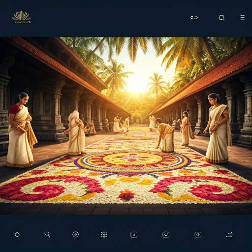 Onam celebration with intricate floral Pookalam and women in traditional Kerala sarees